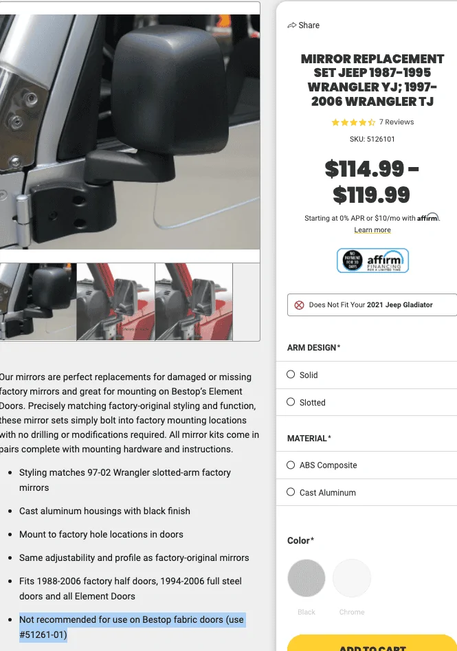 Jeep Gladiator Best mirror for use with Bestop Fabric Doors 1636665733043
