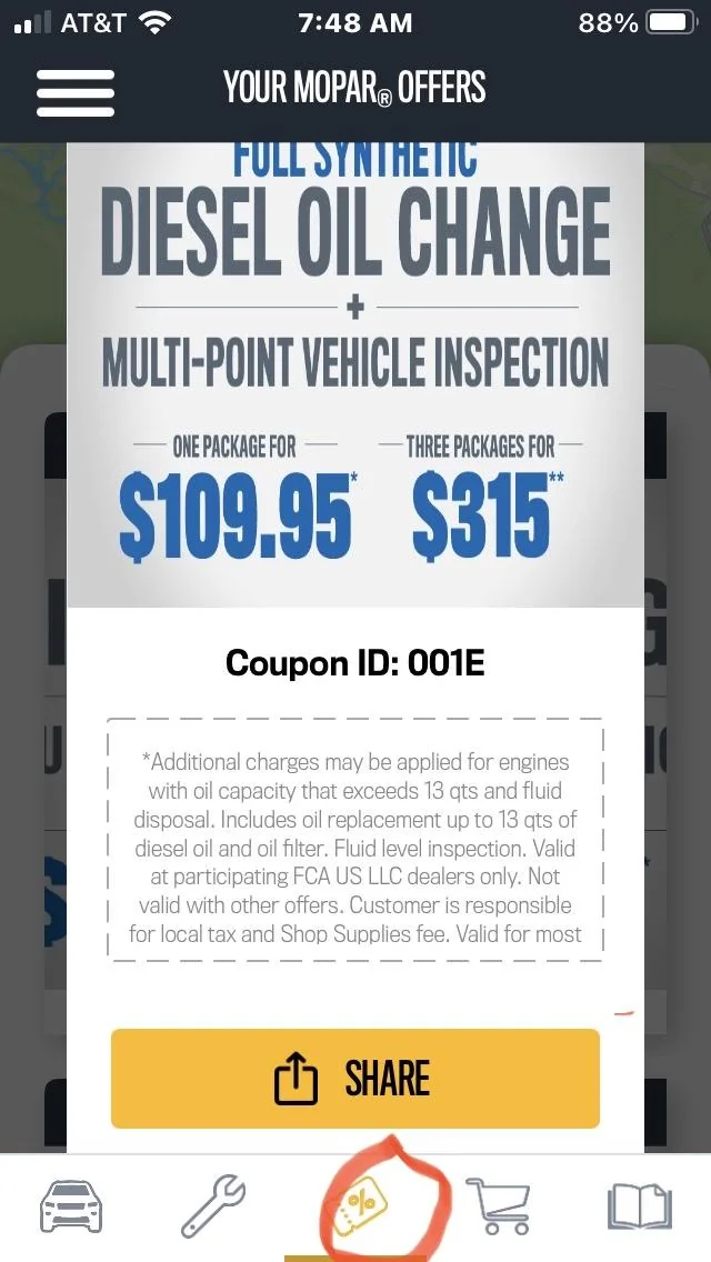 Jeep Gladiator Mopar EcoDiesel oil change coupon 03B257EF-D707-45B9-B08A-1CD36F0A90D9