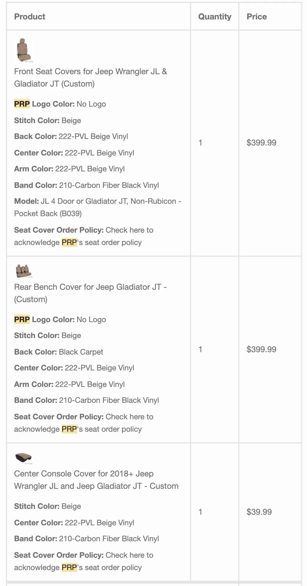 Jeep Gladiator Tan + Black PRP Seat Covers (Front, Rear + Center Console) - $600 Screen Shot 2021-12-01 at 9.22.18 PM