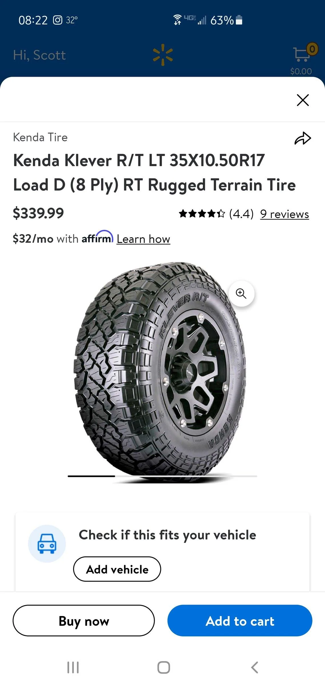 Jeep Gladiator Kenda Klever R/T KR601 35x10.50R17 Screenshot_20211202-082228_Walmart