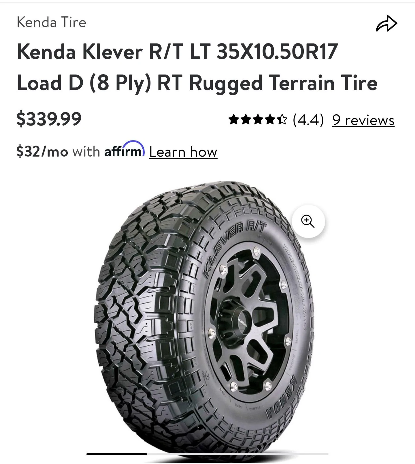 Jeep Gladiator Kenda Klever R/T KR601 35x10.50R17 Screenshot_20211202-082228_Walmart