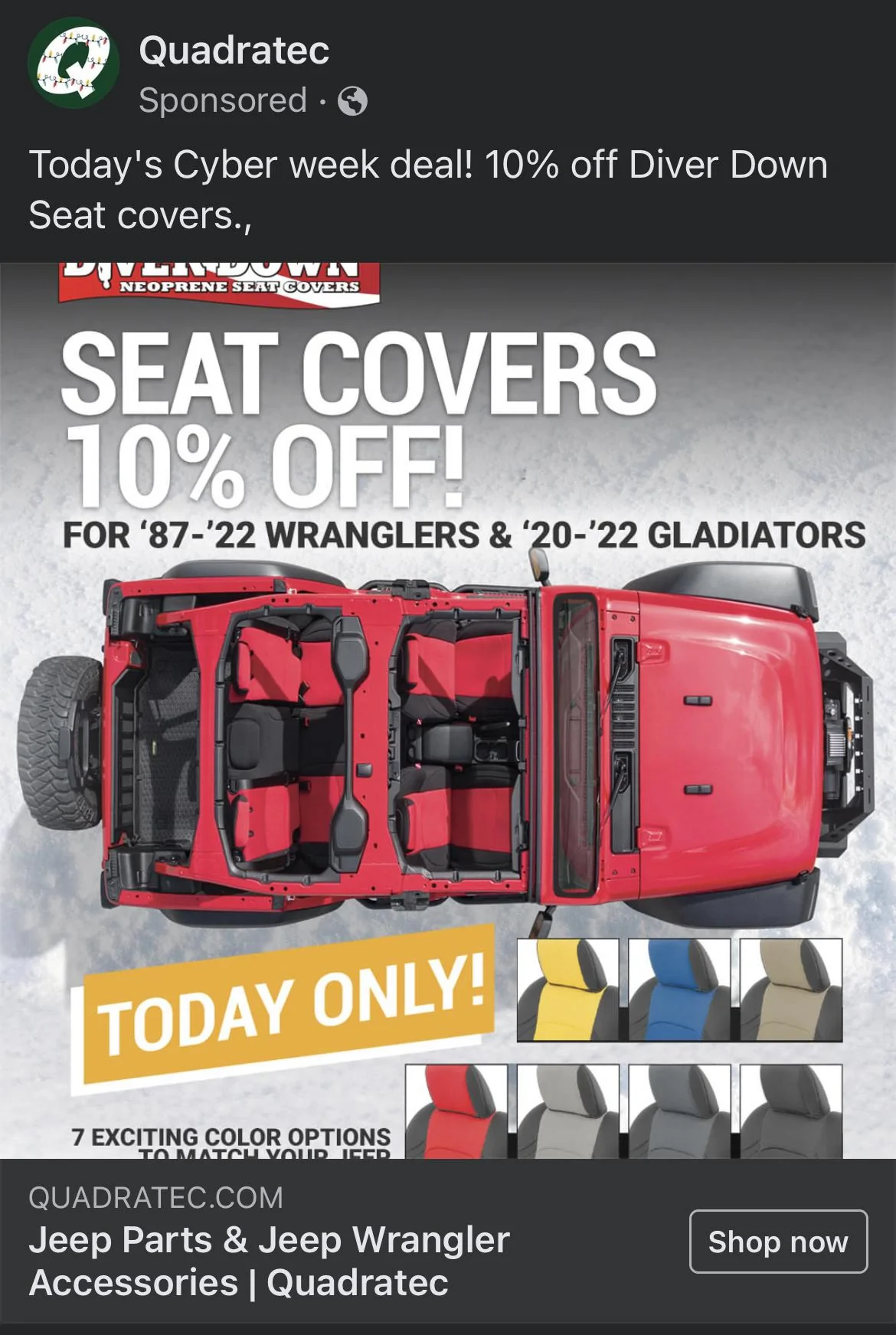 Jeep Gladiator Diver Down seat covers 10% off at Quadratec -12/2/2021 only 61275638-4FDB-4936-A483-DE8D486C0142