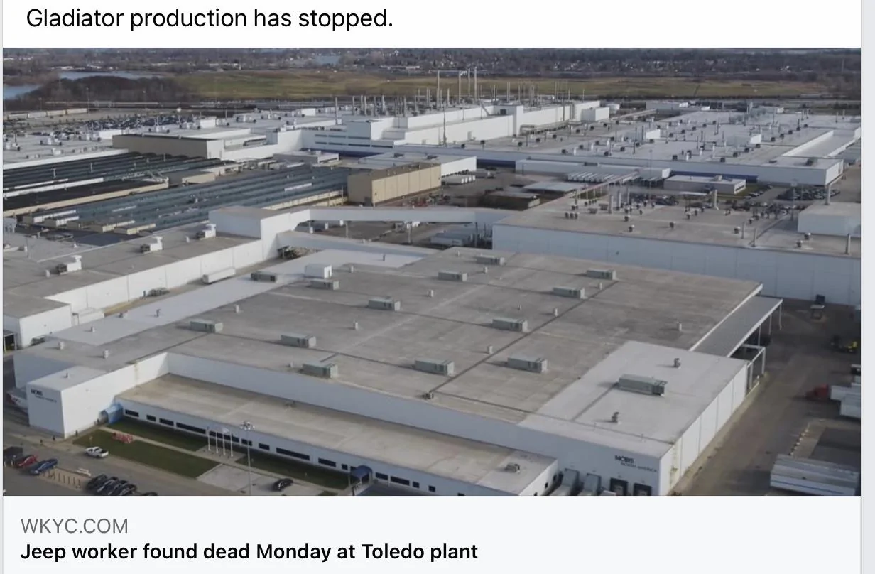 Jeep Gladiator Gladiator production stopped - Jeep worker found dead at Toledo plant 99AA81B4-2D54-4035-932D-9E24C7B15A4D