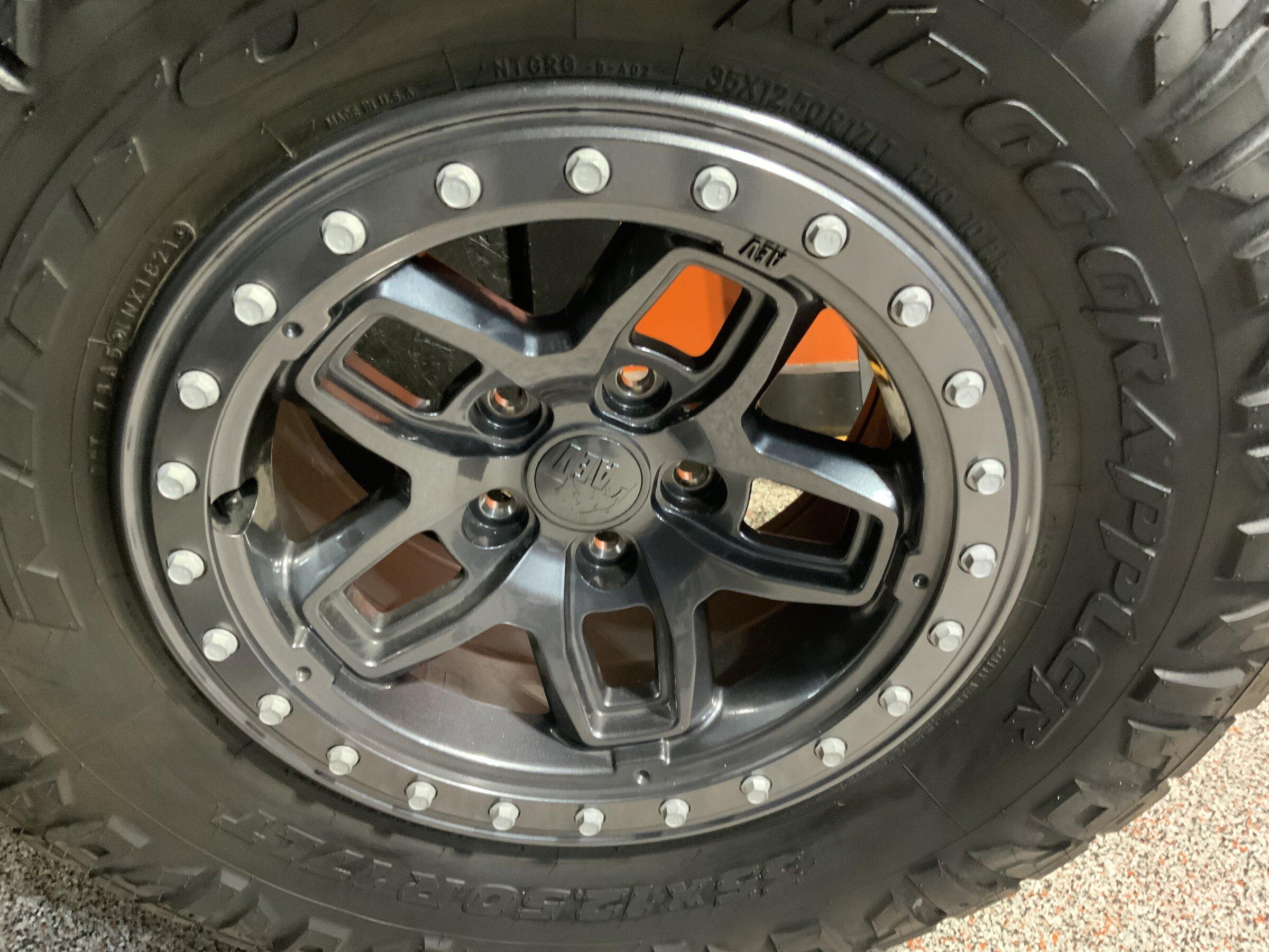 Jeep Gladiator 5- Nitto Ridge Grapplers 35/12.50/R17 mounted on AEV Borah wheels with Rock Rings only 200 miles. 45A779F5-73D9-4754-BB4B-B797E941D563