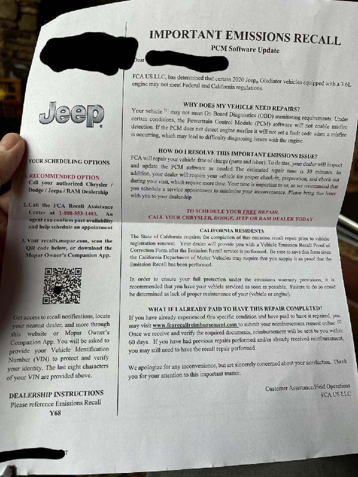 Jeep Gladiator New emissions recall for 2020 Gladiator 3.6L. Any thoughts. 20211221_061959