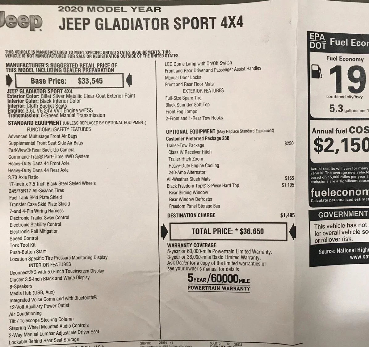 Jeep Gladiator Questions regarding the Gladiator sport-window-sticker