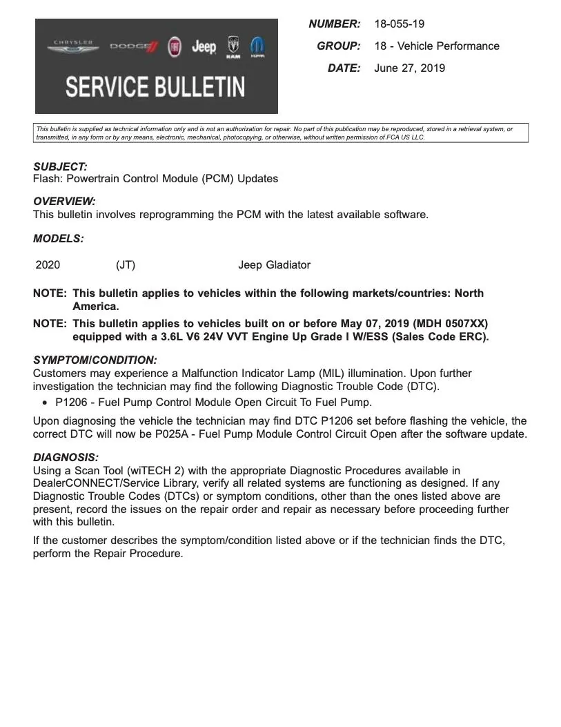 Jeep Gladiator TSB 18-055-19 Flash: PCM Updates - June 27, 2019 JT_tsb_18_055_19_page_1
