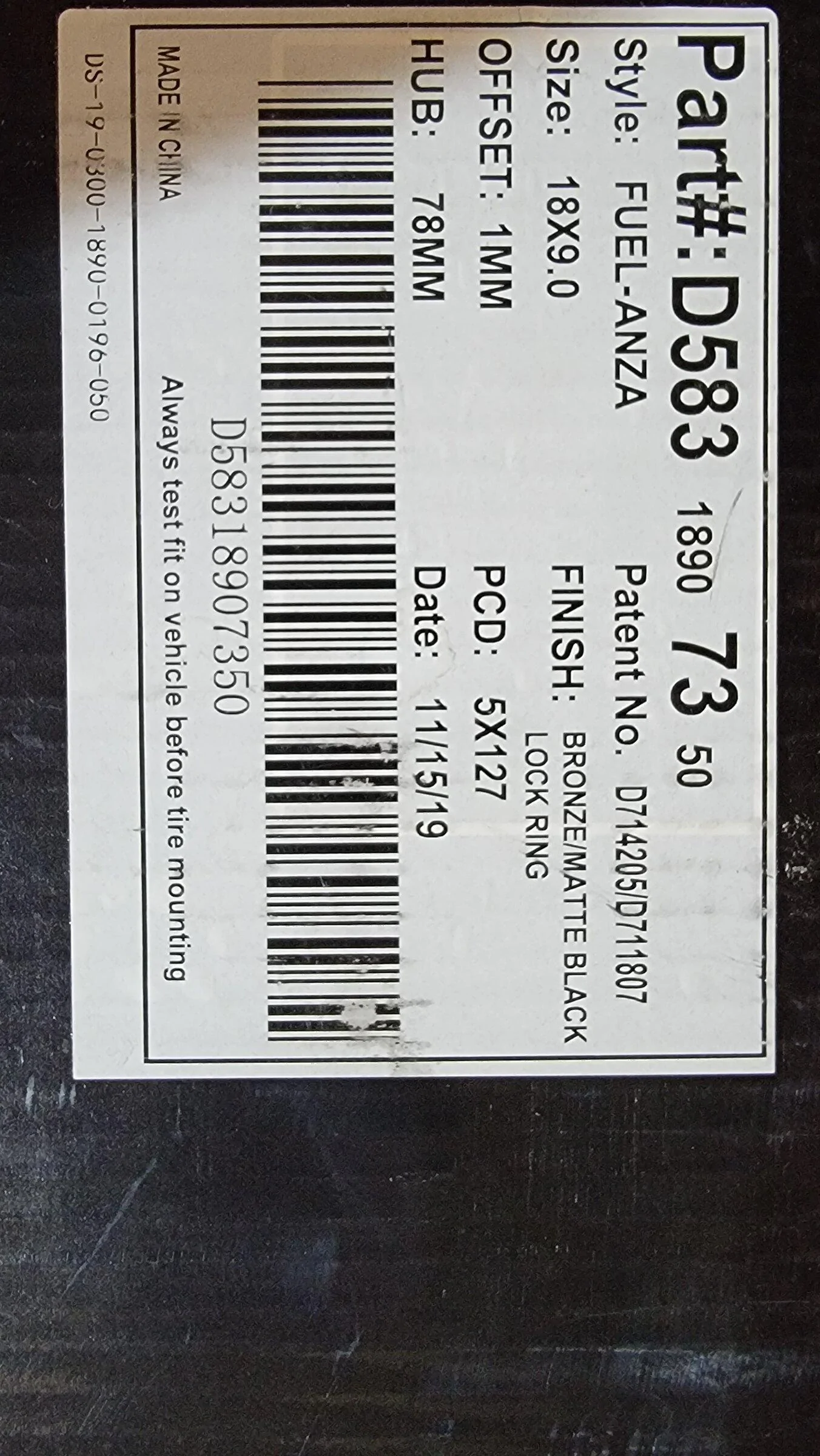 Jeep Gladiator 5 Fuel Anza Bronze 18x9 wheel label