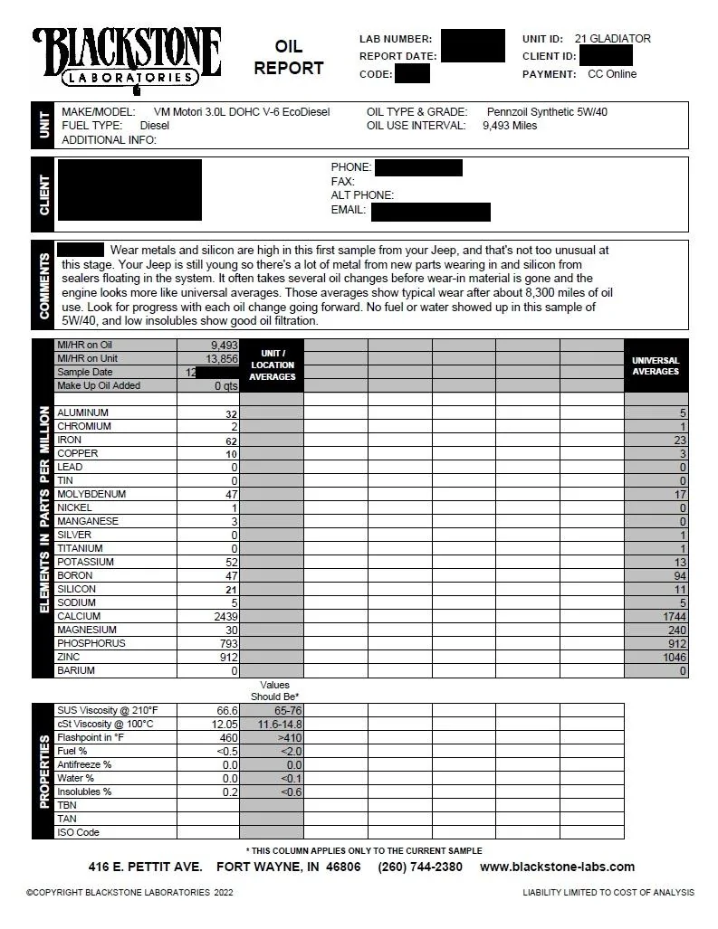 Jeep Gladiator Official EcoDiesel Oil and Filter Recommendations oil test