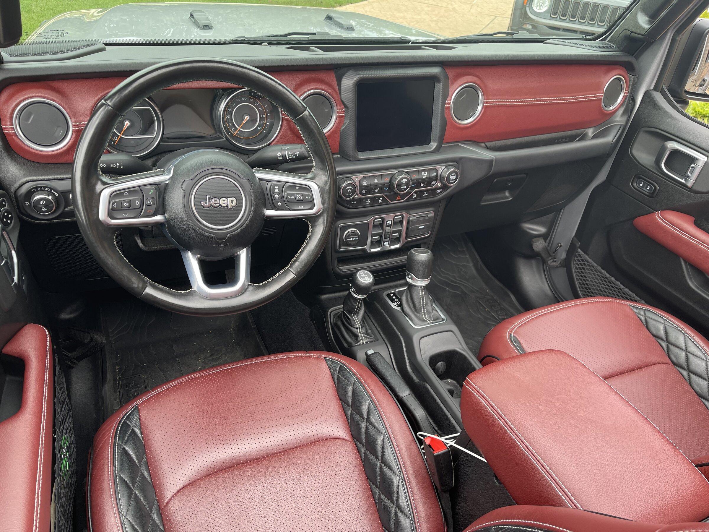 Jeep Gladiator Custom Red Interior w/ Medium Red Katzkin Seat Covers & Custom Pieces F416945C-154A-4770-8A38-261494F38A78