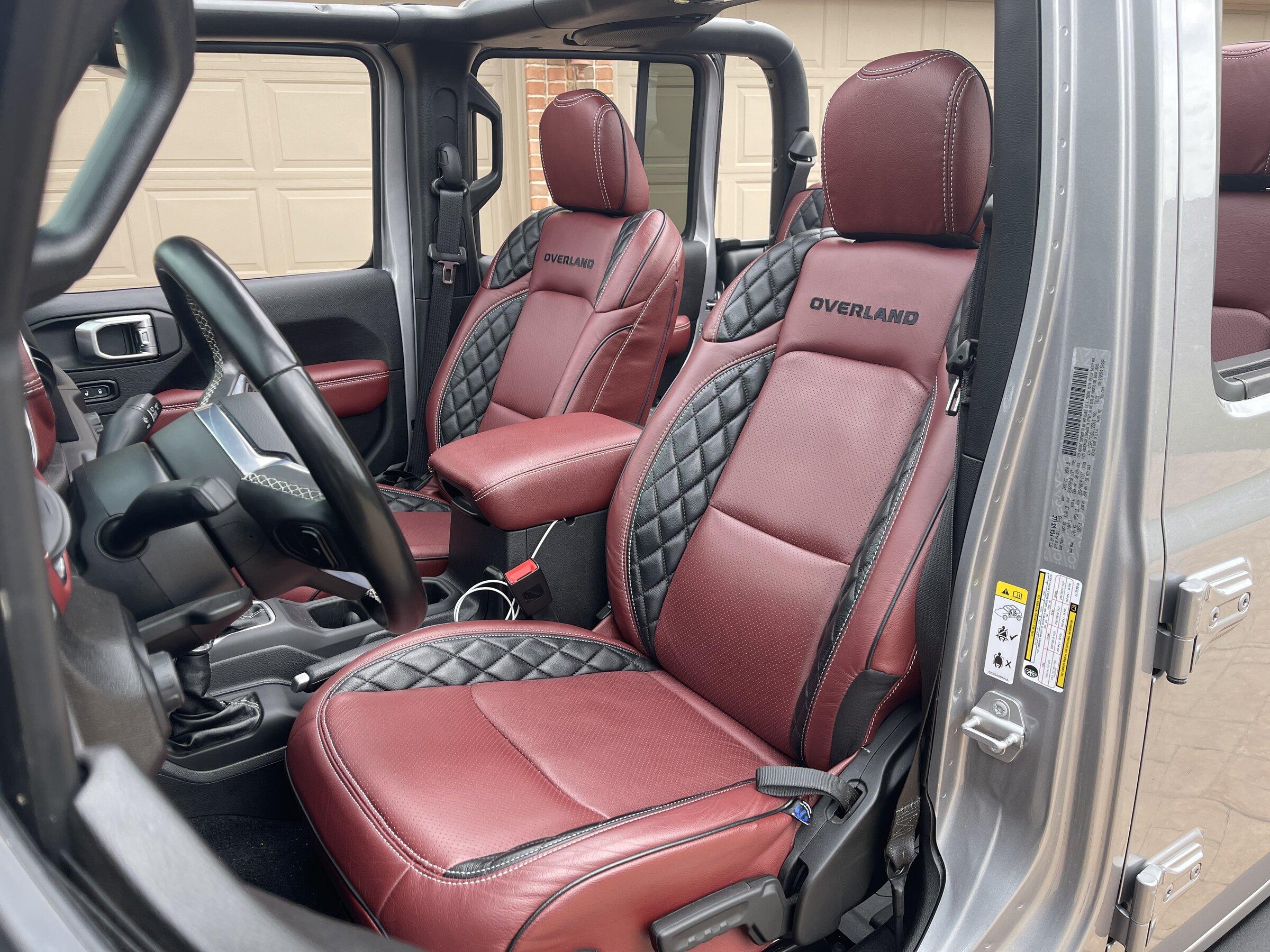 Jeep Gladiator Custom Red Interior w/ Medium Red Katzkin Seat Covers & Custom Pieces CC927BE1-2823-4602-B5C5-288C131663B0