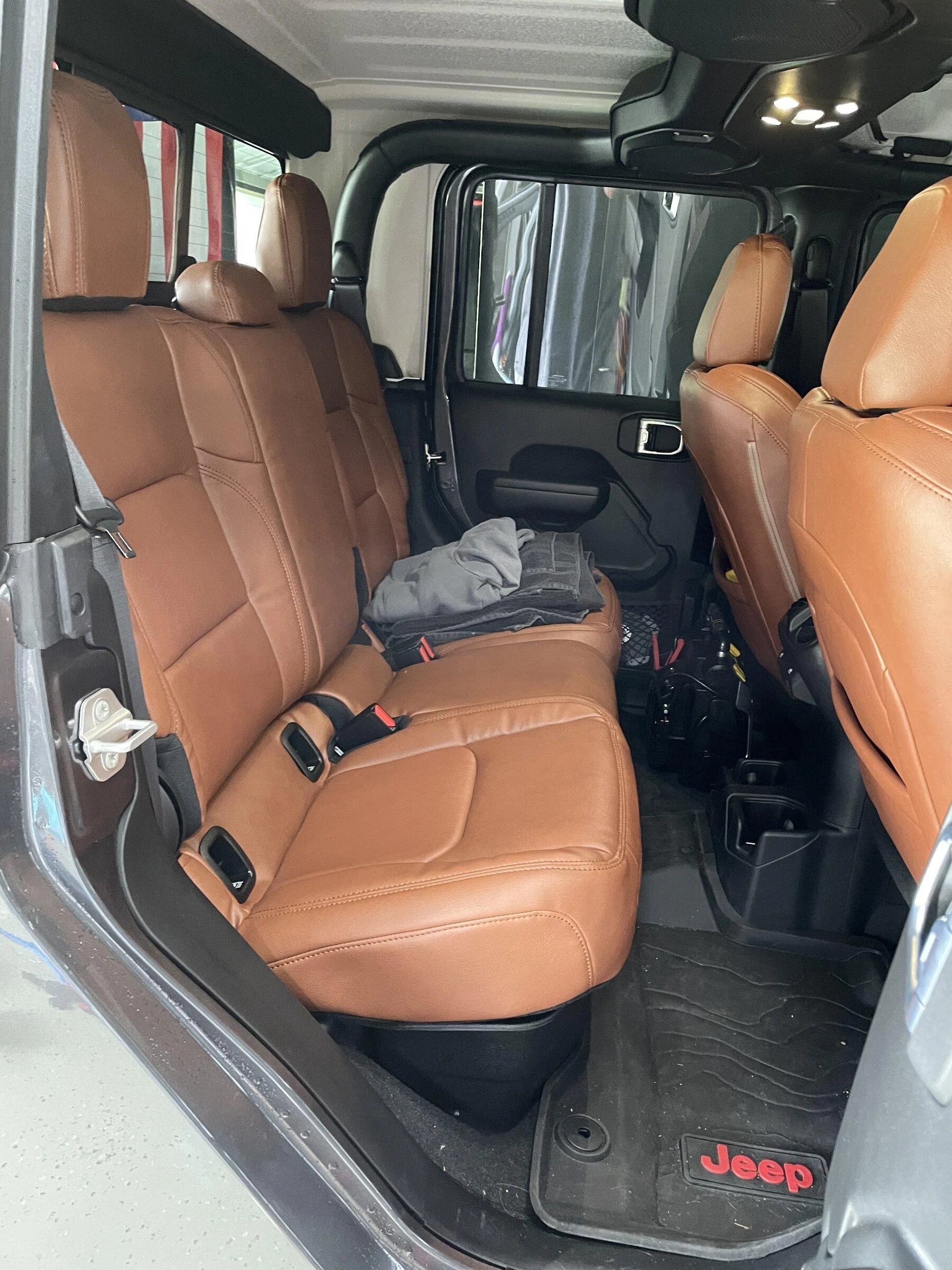 Jeep Gladiator Custom Red Interior w/ Medium Red Katzkin Seat Covers & Custom Pieces 35091F23-F234-4042-8883-AC855227F85C