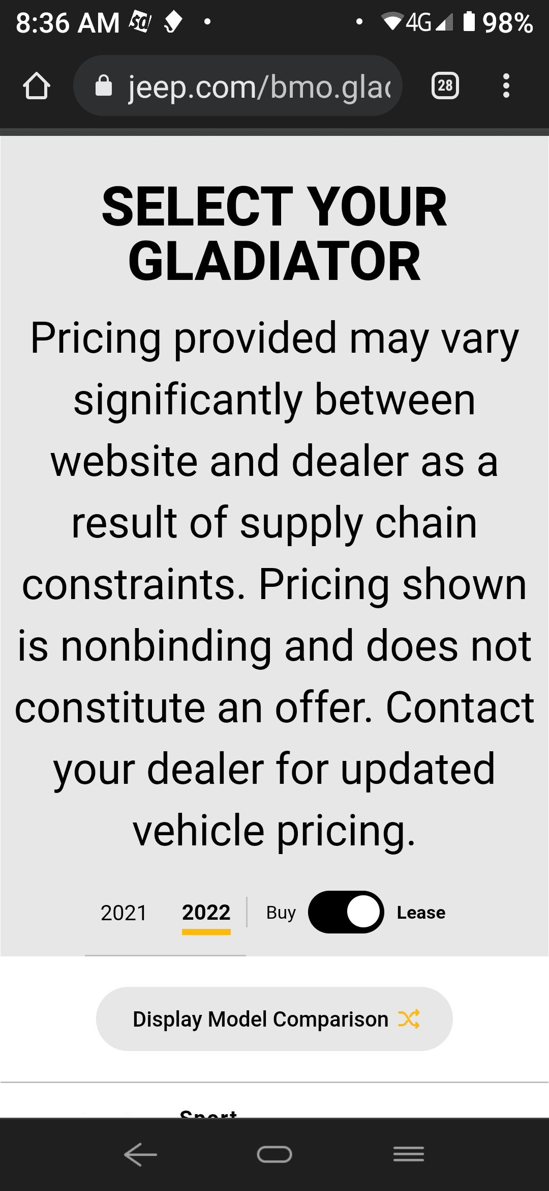 Jeep Gladiator Pricing disclaimer on website Screenshot_20220130-083648