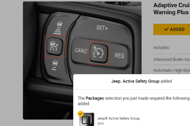 Jeep Gladiator Advanced safety group versus safety group 1644681439584