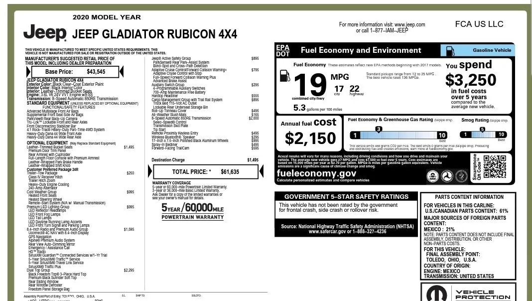 Jeep Gladiator Gladiator Window Sticker and Build Sheet Order Tracking 20190711_034302