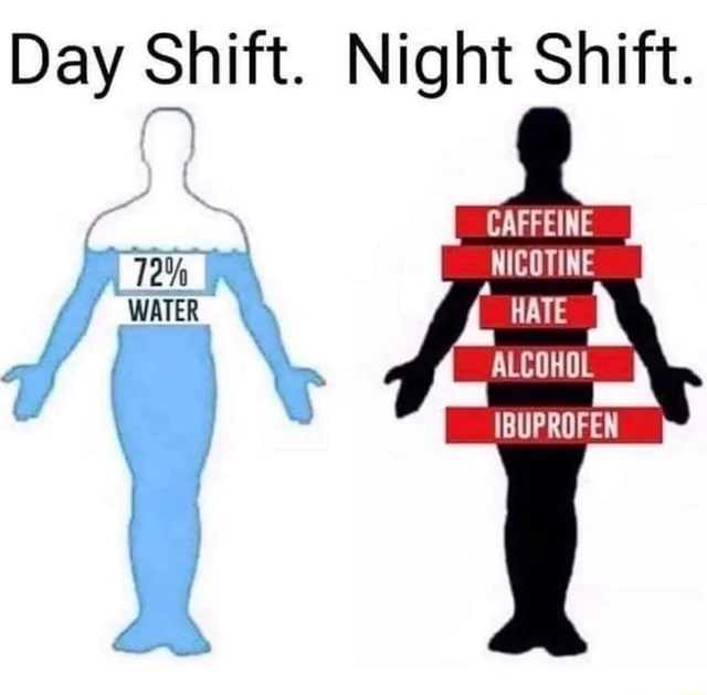 Jeep Gladiator O day-shift-night-shift-water-caffeine-nicotine-ibuprofen-meme-933ba7f6e81f2450-c7685df92fb6b825
