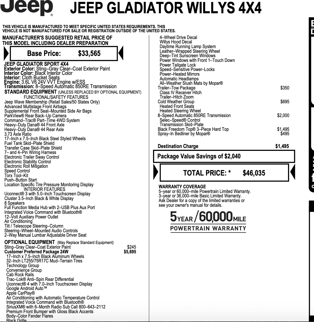 Jeep Gladiator Does Willys 24W package include remote start? 2021 Model year Sticker