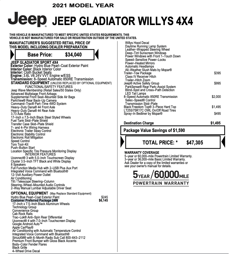 Jeep Gladiator Does Willys 24W package include remote start? 2021 Model year 1648140143097