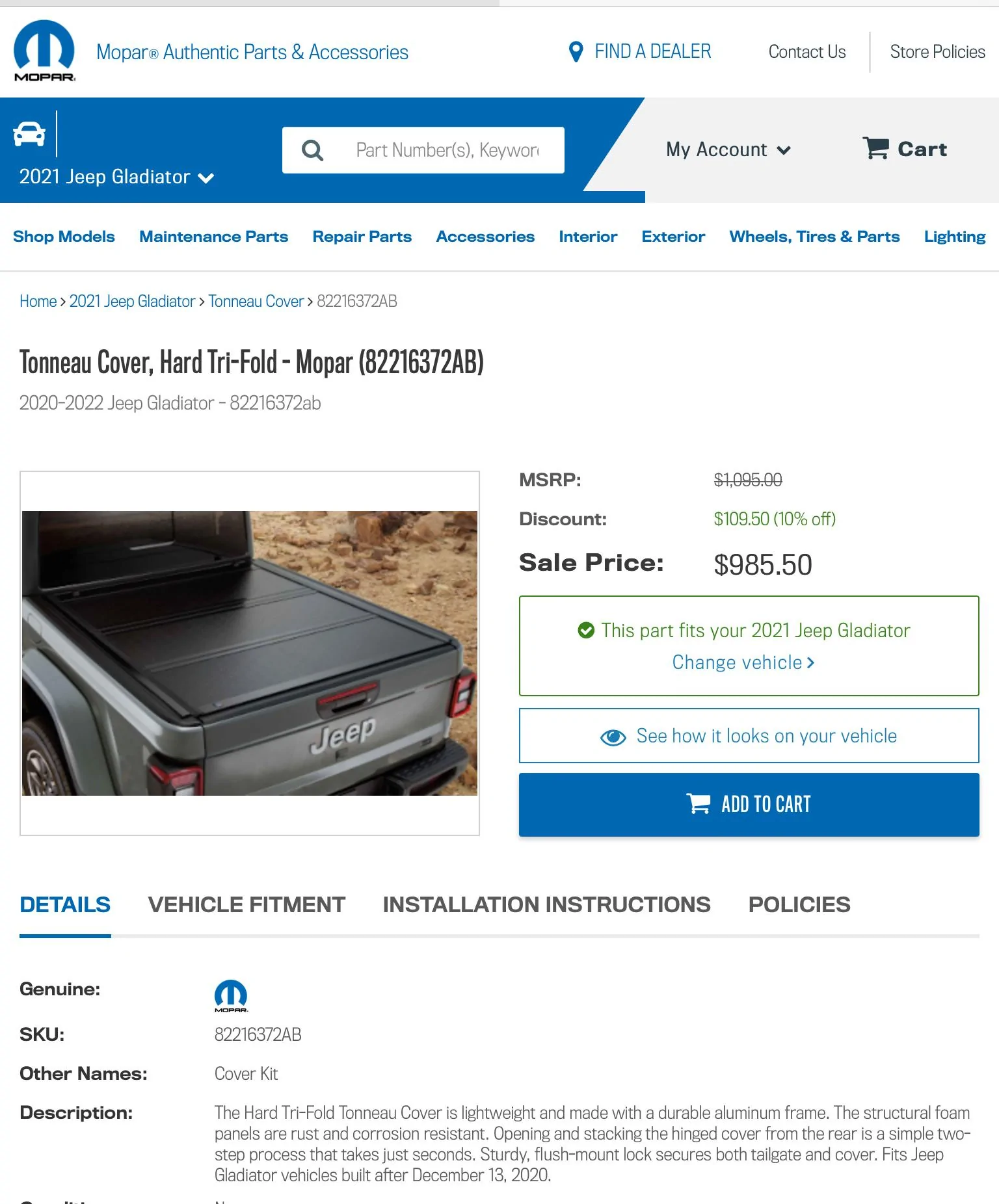 Jeep Gladiator Hard Tri-fold Tonneau Cover - Mopar $250 80752C56-995C-4BB1-9B66-9817565C4168