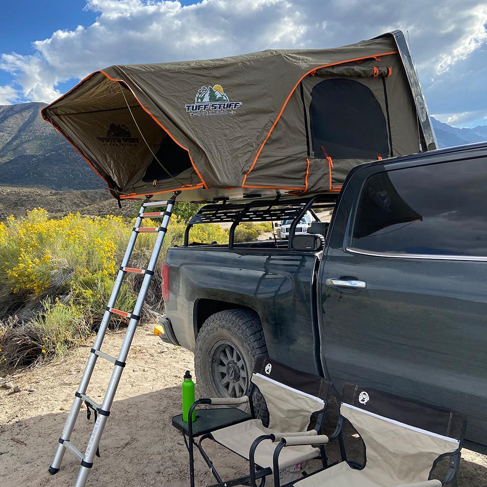 Jeep Gladiator New Tuff Stuff Alpha II rooftop hard shell tent and Fishbone tackle rack. ts