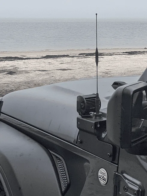 Jeep Gladiator CB and GMRS antenna on MOPAR A-pillar brackets Jeef Antenna