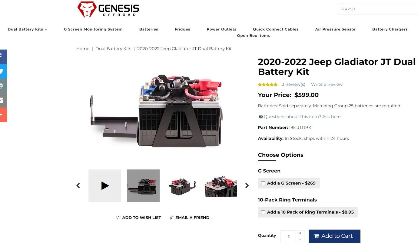 Jeep Gladiator Genesis Dual Battery Kit for Gladiator GDB2