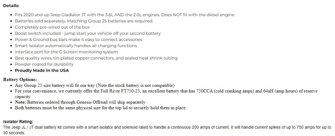 Jeep Gladiator Genesis Dual Battery Kit for Gladiator GDB3