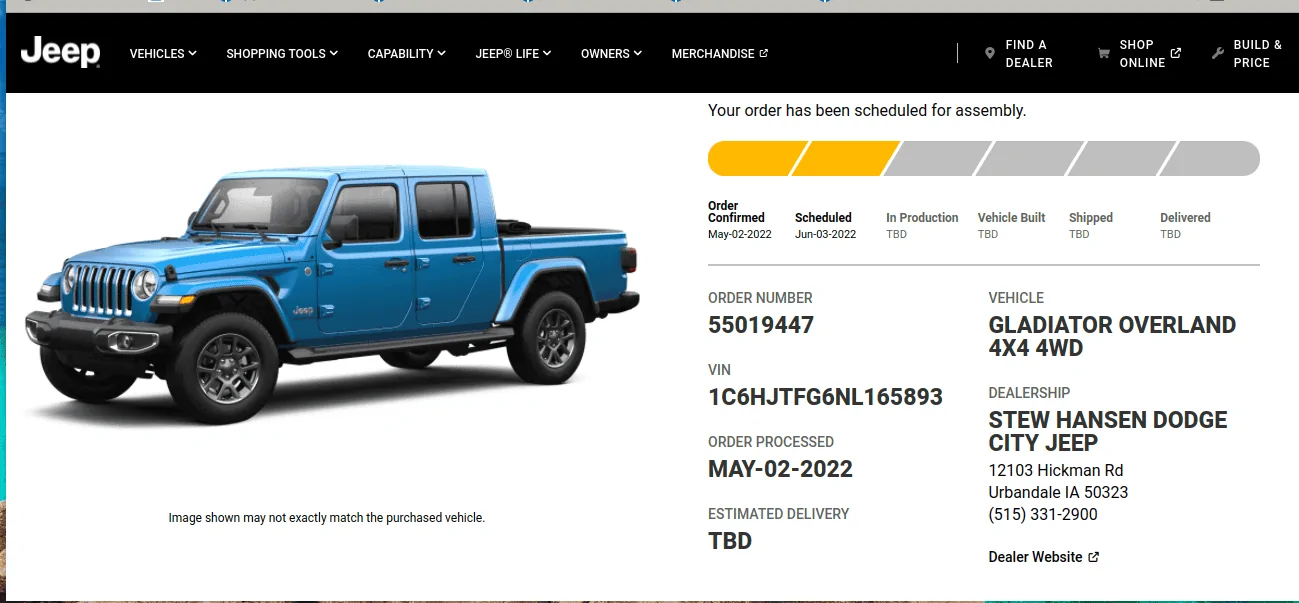 Jeep Gladiator Gladiator Window Sticker and Build Sheet Order Tracking Screenshot 2022-06-06 11.37.40 AM