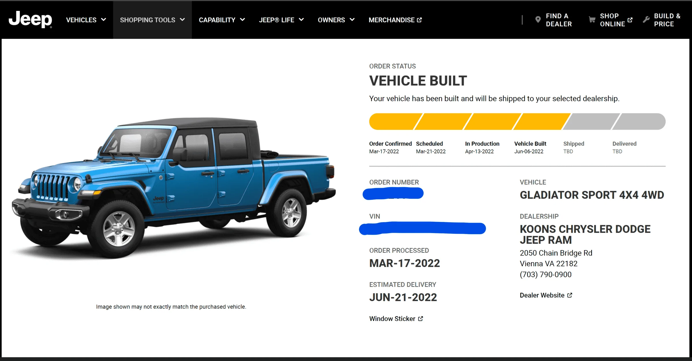 Jeep Gladiator Gladiator Window Sticker and Build Sheet Order Tracking order