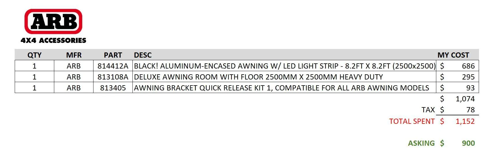 Jeep Gladiator ARB Black Aluminum Awning with LED Room and Brackets Pric