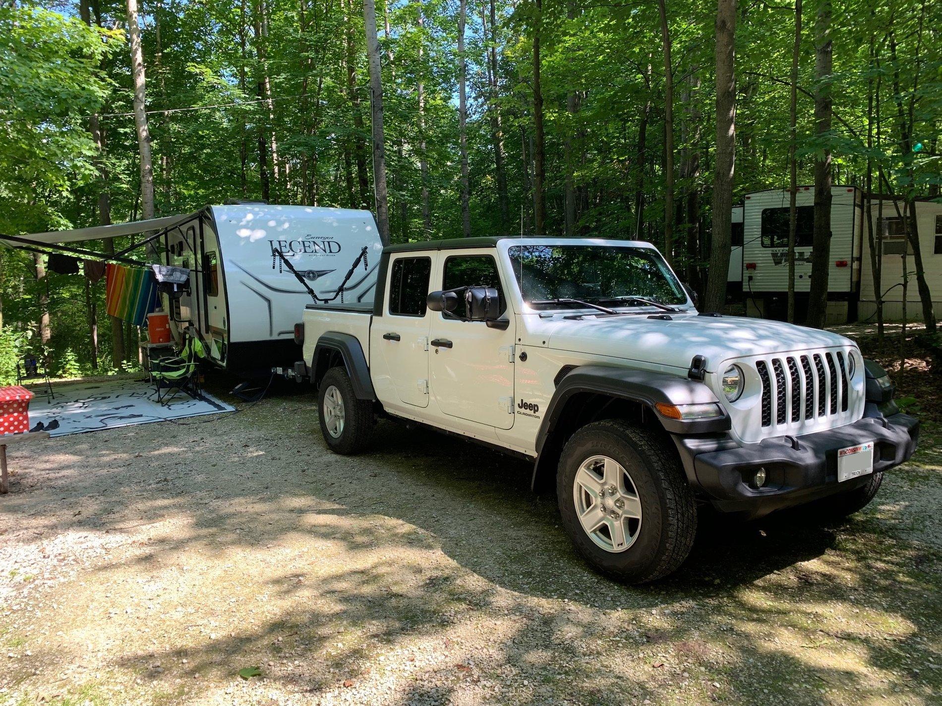 Jeep Gladiator "Max" towing our camper Jeep at camp 2019-07-27