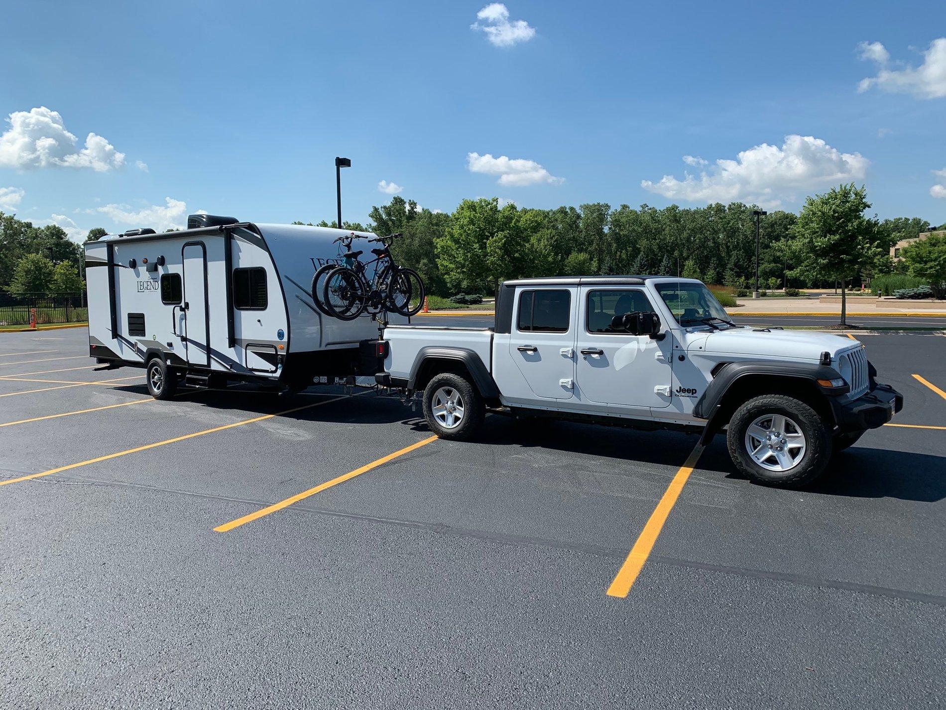 Jeep Gladiator "Max" towing our camper Jeep in parking lot2 2019-07-28