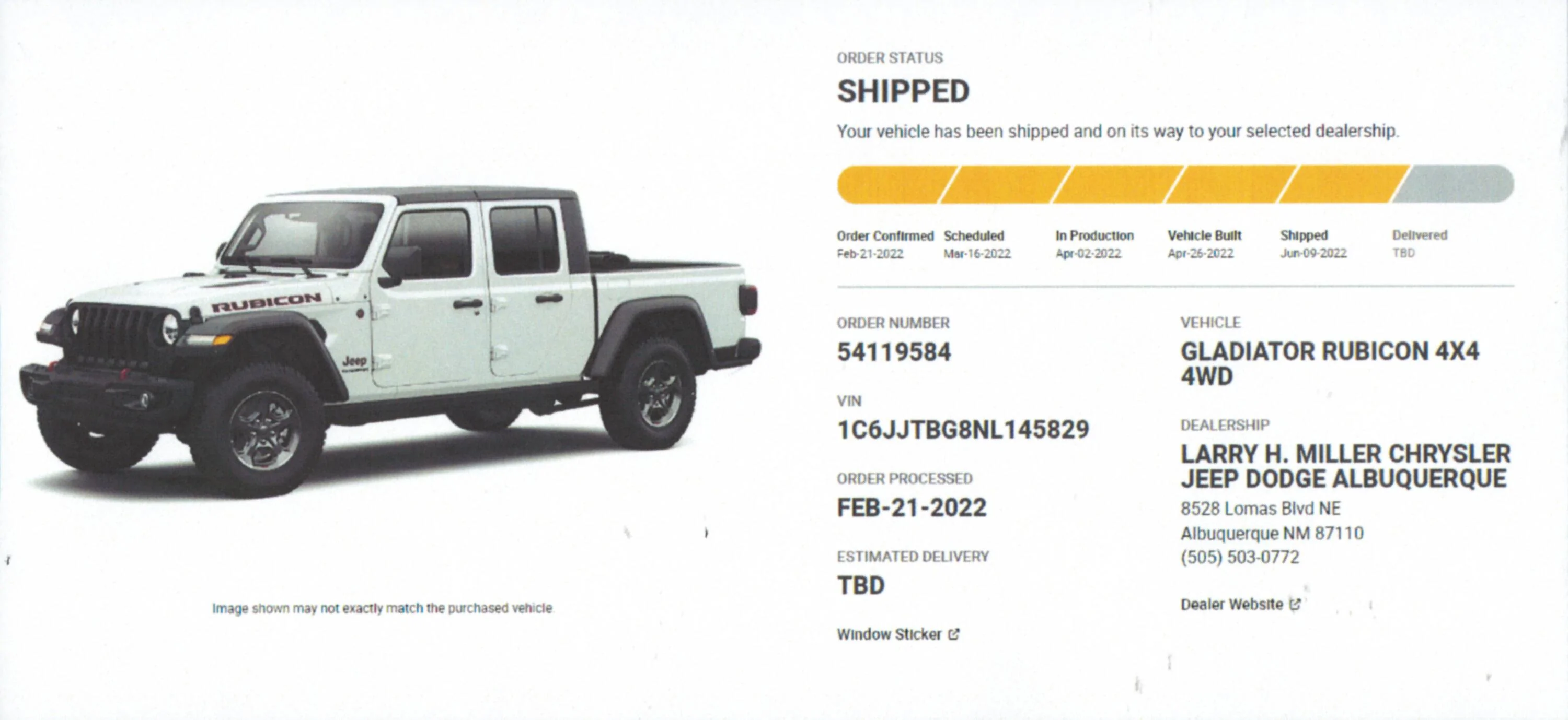 Jeep Gladiator Gladiator Window Sticker and Build Sheet Order Tracking orderstatus061422