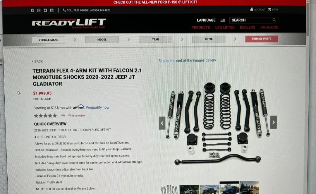 Jeep Gladiator Ready Lift 4 inch with Falcon 2.1 Monotube shocks Screenshot_20220614-160033_OfferU