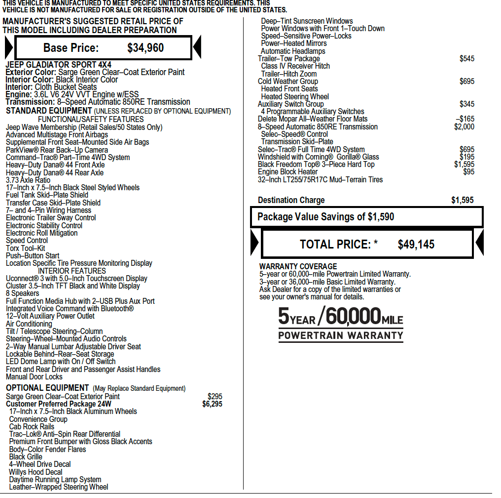 Jeep Gladiator Willys Sport tow package capability Screen Shot 2022-06-16 at 7.15.14 AM