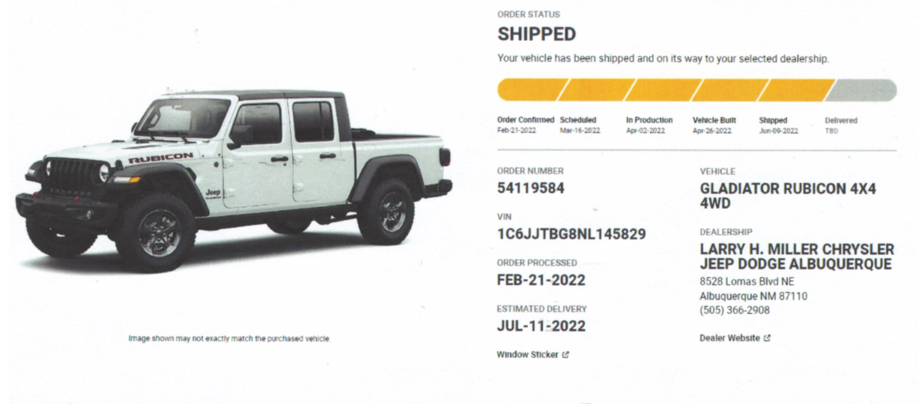 Jeep Gladiator Gladiator Window Sticker and Build Sheet Order Tracking orderstatus062722