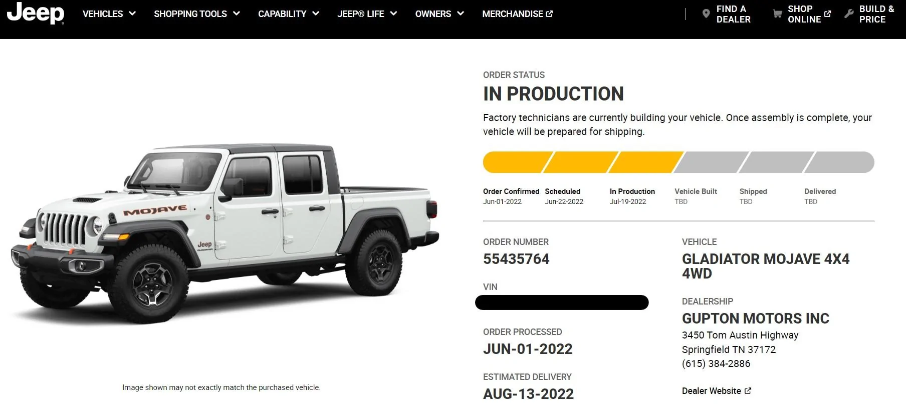 Jeep Gladiator Gladiator Window Sticker and Build Sheet Order Tracking Screenshot 2022-07-20 100555