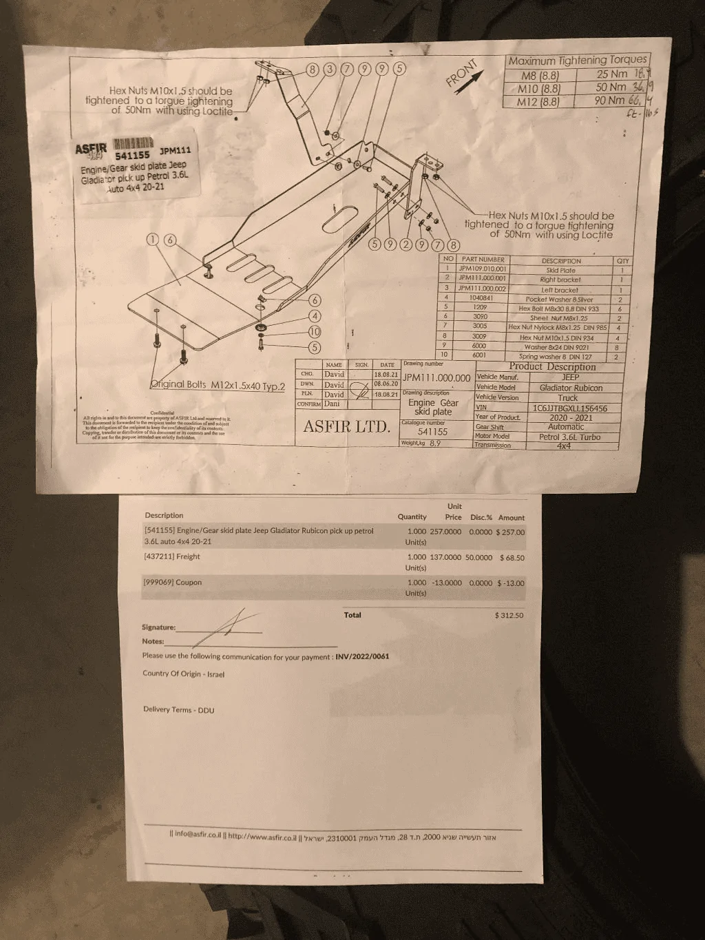 Jeep Gladiator FS:  Asfir 4X4 Skid Plate for 3.6 Engine/Trans 1658793679775