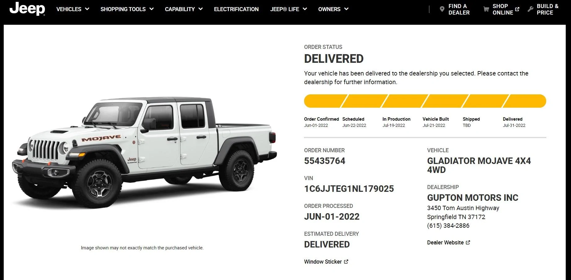 Jeep Gladiator Gladiator Window Sticker and Build Sheet Order Tracking Screenshot 2022-08-01 104322