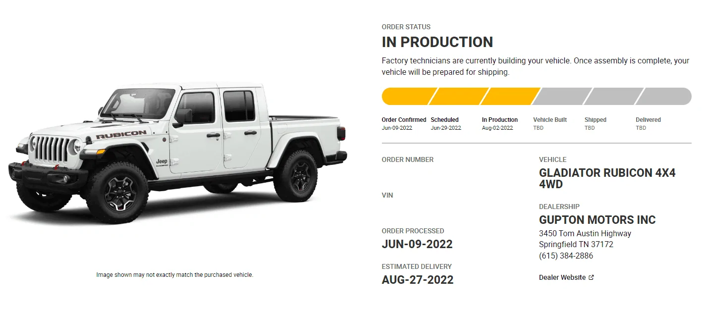 Jeep Gladiator Gladiator Window Sticker and Build Sheet Order Tracking Screenshot 2022-08-03 104900