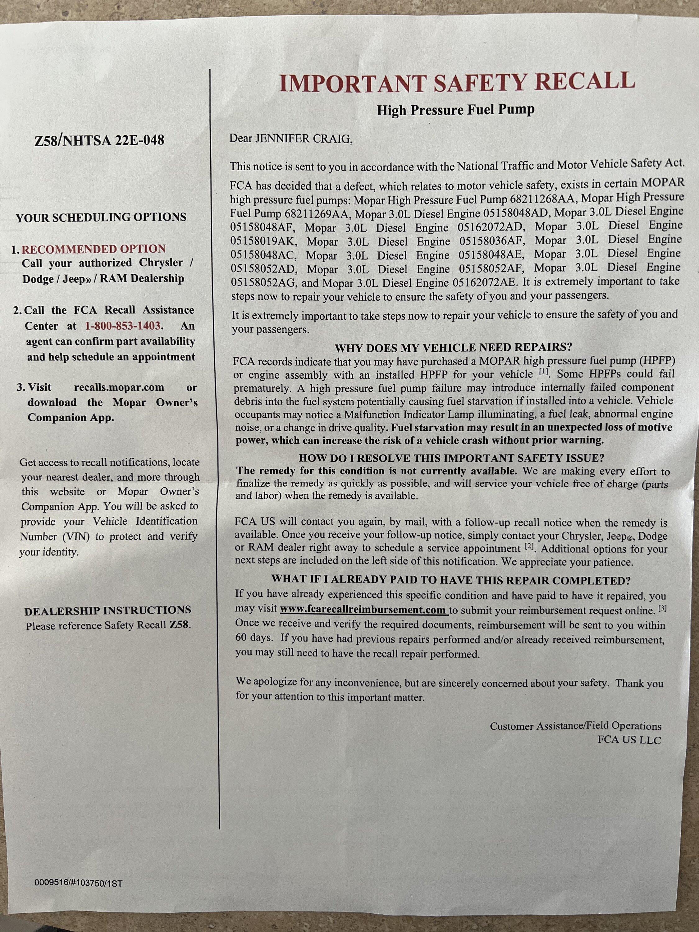 Jeep Gladiator CP4 Fuel Pump EcoDiesel Recall 3C181DD5-1489-4538-9E8D-E79AB869DF5E
