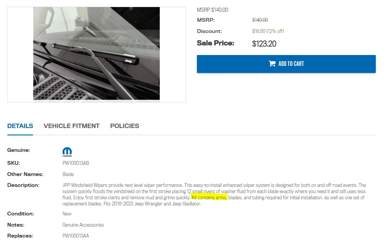 Jeep Gladiator Mopar Performance Windshield Wipers w/ Built-In Washer Jets Released For Jeep Gladiator 1660667306926