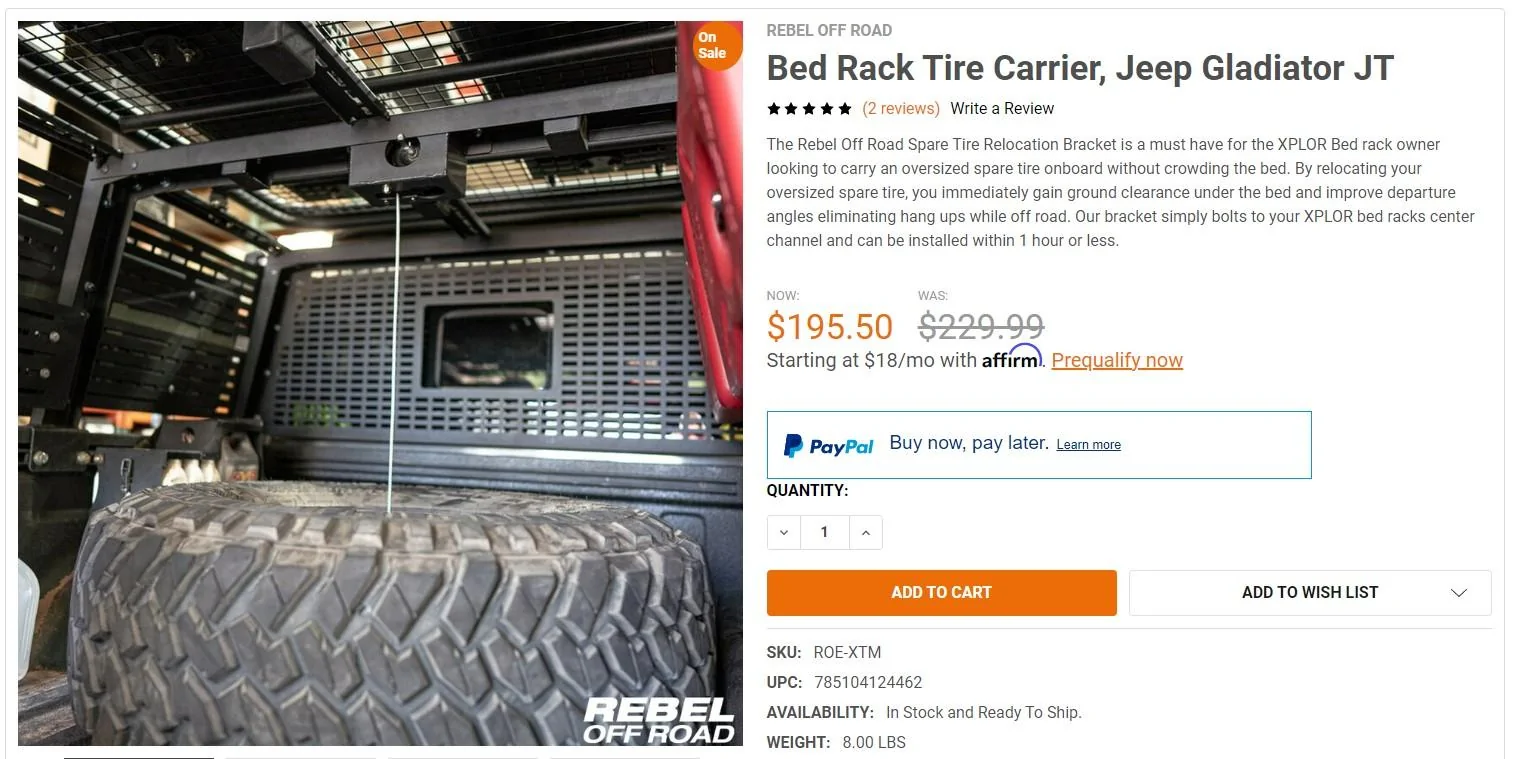 Jeep Gladiator Rebel Offroad Tire Carrier Mount $100 shipped rebel offroad 2
