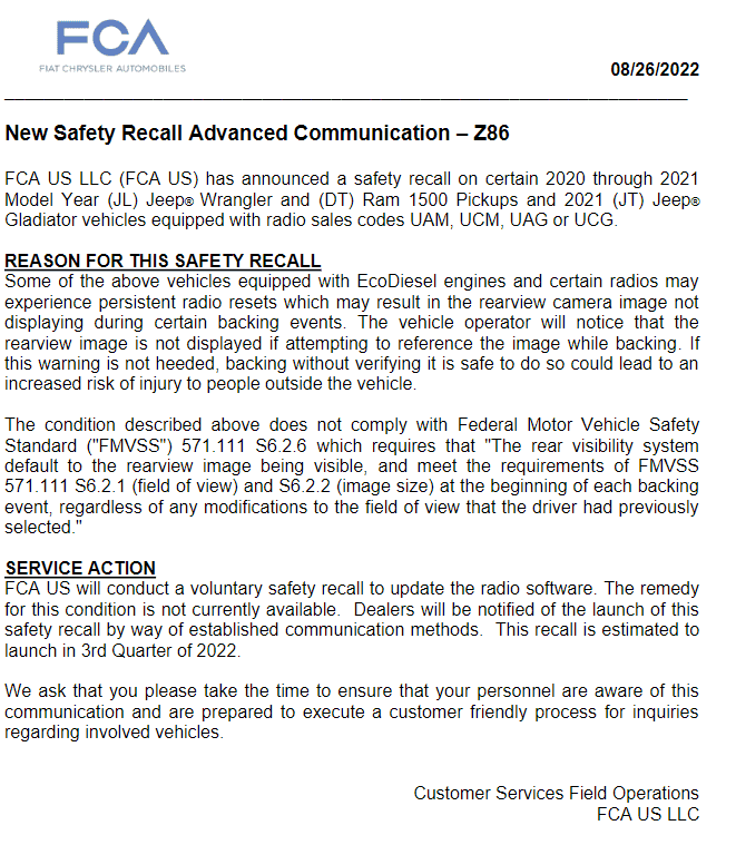 Jeep Gladiator Recall  Z86 : Backup Camera software recall recall-