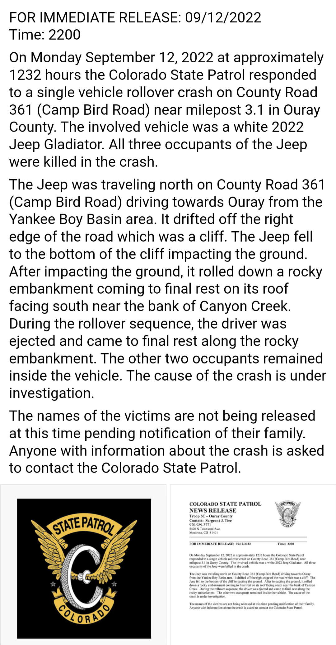 Jeep Gladiator Three fatalities in Gladiator accident on Camp Bird Road near Ouray, CO Screenshot_20220913-201823