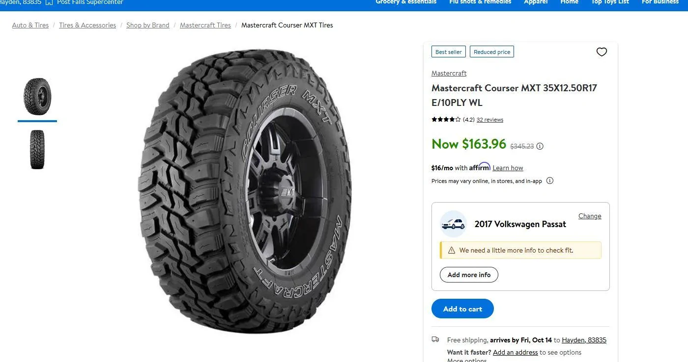 Jeep Gladiator 37x12.50 17 AT/R Milestar Patagonia $121 at wallyworld MXT Deal
