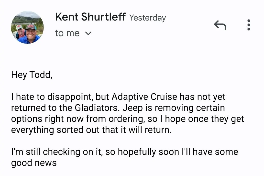 Jeep Gladiator HEADS UP... NO ADAPTIVE CRUISE CONTROL Screenshot_20221015-081727_Gmail