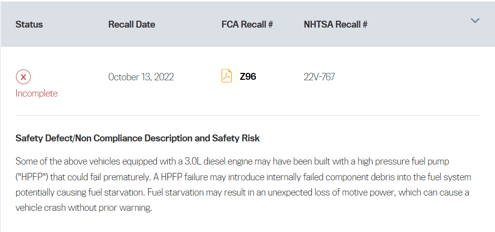 Jeep Gladiator 3.0L Diesel High Pressure Fuel Pump Recall Z96 1666381259333