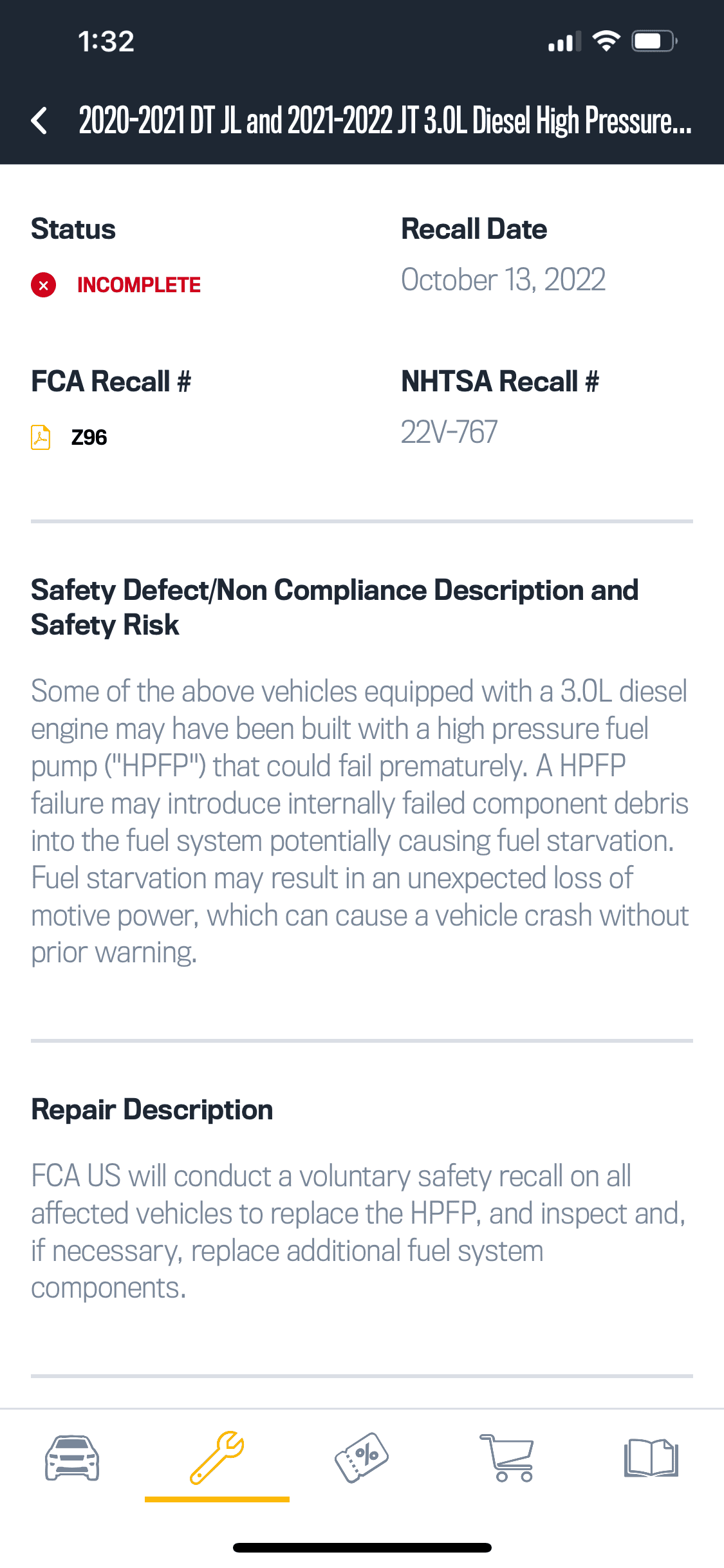 Jeep Gladiator 3.0L Diesel High Pressure Fuel Pump Recall Z96 9E4A31C5-C220-434D-8FA5-0150BFB2B869