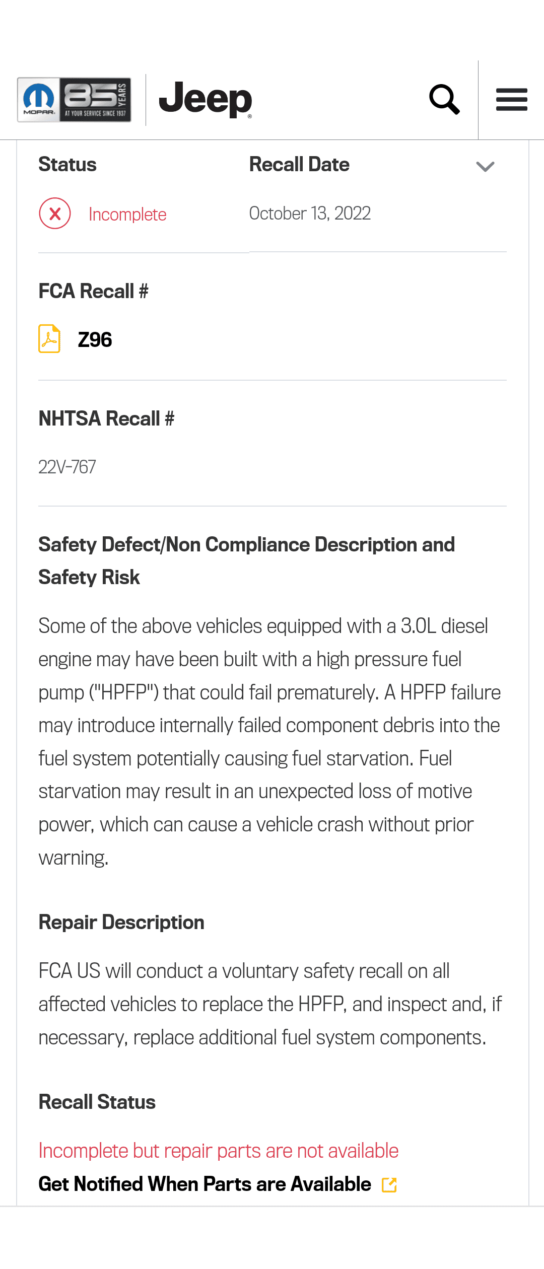 Jeep Gladiator 3.0L Diesel High Pressure Fuel Pump Recall Z96 Screenshot_20221022-144405